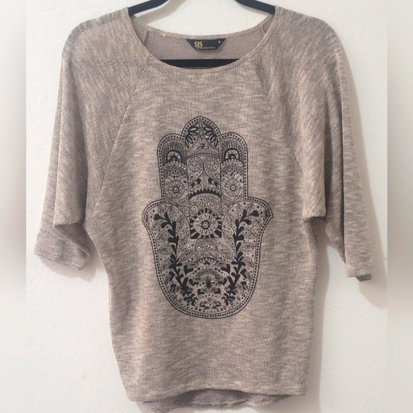 Y2K SJS Hamsa Hand Knit Short Sleeve Blouse - Picture 1 of 4